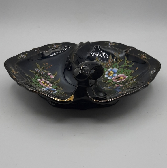 Vintage Black Divided Dish Hand Painted Moriage Flowers Handle Gold Trim Japan - Picture 4 of 9